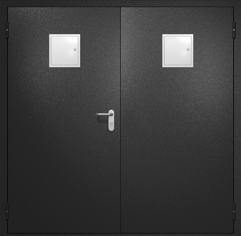 Двупольная противопожарная дверь EI-60 с двумя стыковочными узлами сверху, окрас по RAL 9004 Двупольная противопожарная дверь EI-60 с двумя стыковочными узлами сверху, окрас по RAL 9004