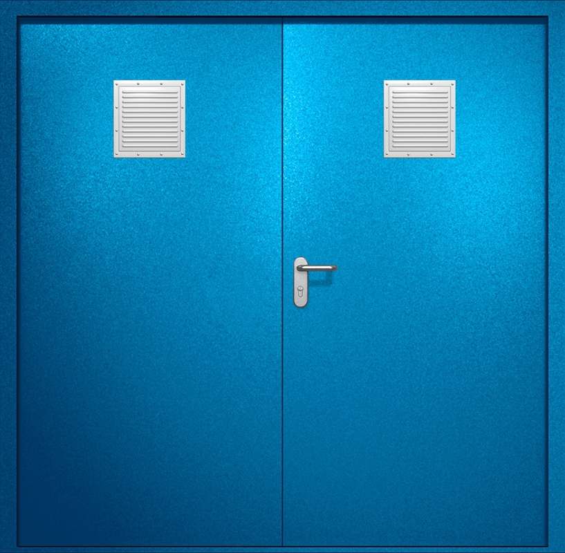 Двупольная противопожарная дверь EI-60 с двумя стыковочными узлами сверху, окрас по RAL 5002 Двупольная противопожарная дверь EI-60 с двумя стыковочными узлами сверху, окрас по RAL 5002