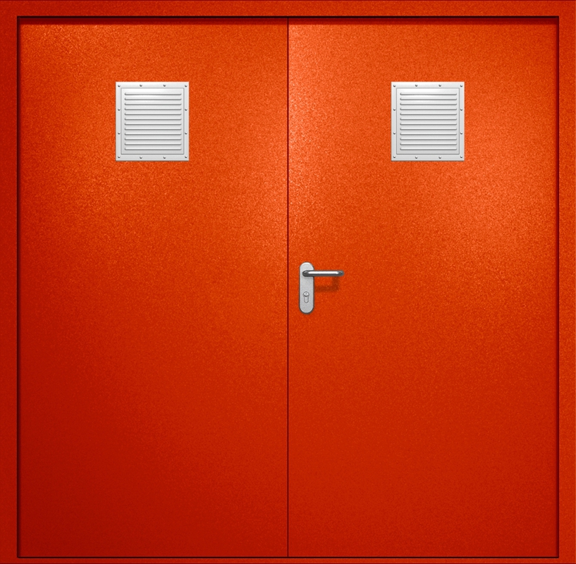 Двупольная противопожарная дверь EI-60 с двумя стыковочными узлами сверху, окрас по RAL 3003