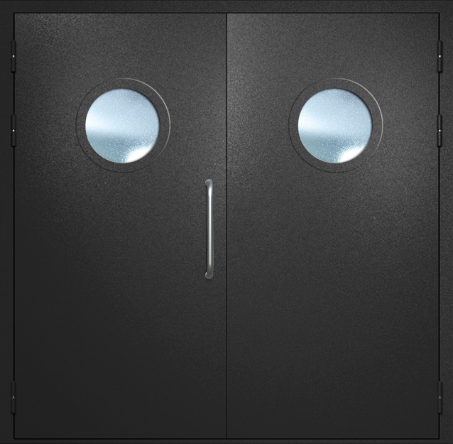 Двупольная техническая дверь с ручкой-скобой и круглыми стеклопакетами, окрас по RAL 9004