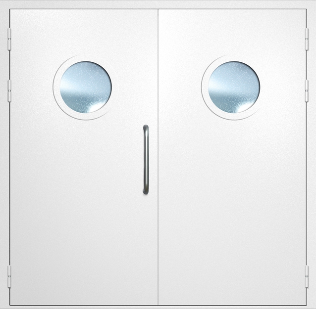 Двупольная техническая дверь с ручкой-скобой и круглыми стеклопакетами, окрас по RAL 9003