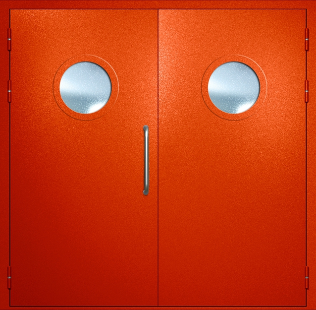 Двупольная техническая дверь с ручкой-скобой и круглыми стеклопакетами, окрас по RAL 3003