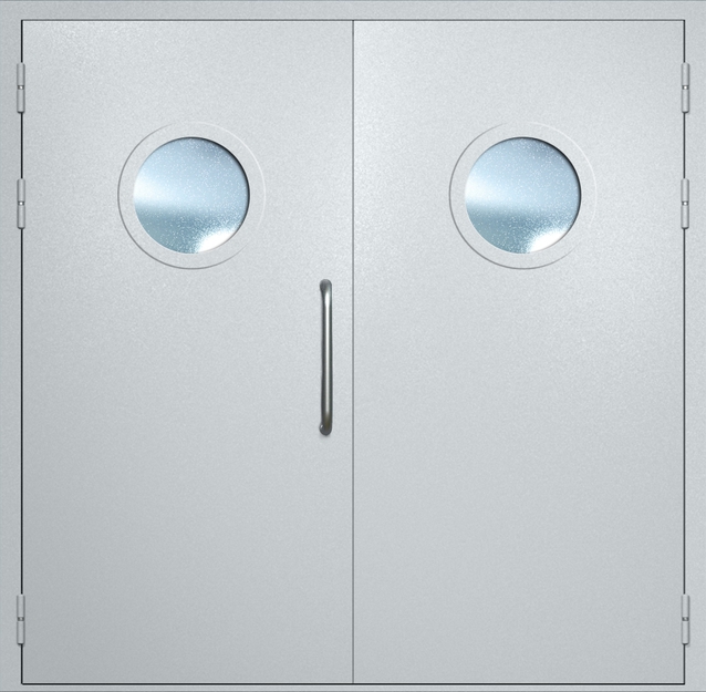 Двупольная техническая дверь с ручкой-скобой и круглыми стеклопакетами, окрас по RAL