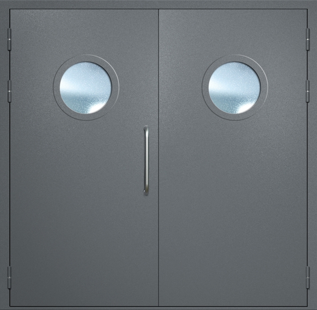 Двупольная техническая дверь с ручкой-скобой и круглыми стеклопакетами, окрас по RAL 7001