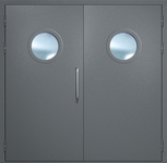 Двупольная техническая дверь с ручкой-скобой и круглыми стеклопакетами, окрас по RAL 7001