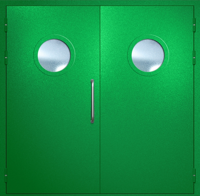 Двупольная техническая дверь с ручкой-скобой и круглыми стеклопакетами, окрас по RAL 6037