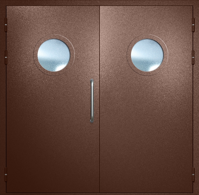 Двупольная техническая дверь с ручкой-скобой и круглыми стеклопакетами, окрас по RAL 8016