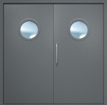 Двупольная техническая дверь с ручкой-скобой и круглыми стеклопакетами, окрас по RAL 7001