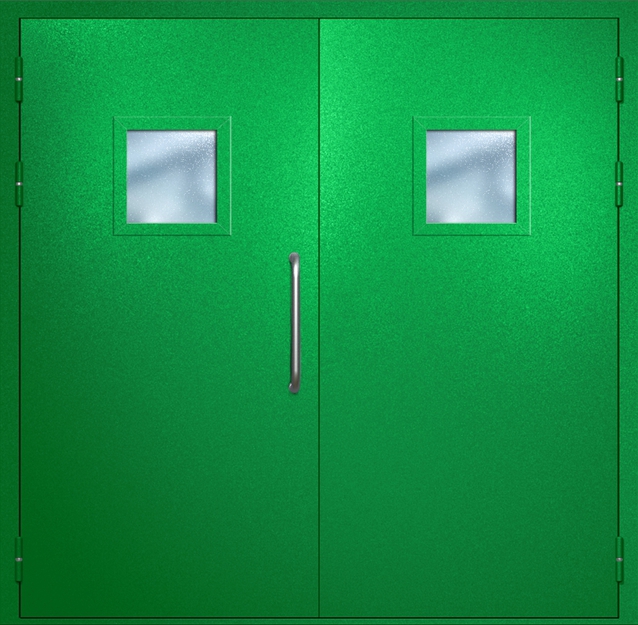 Двупольная техническая дверь с ручкой-скобой и квадратными стеклопакетами, окрас по RAL 6037