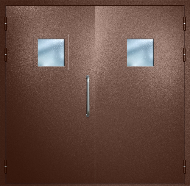 Двупольная техническая дверь с ручкой-скобой и квадратными стеклопакетами, окрас по RAL 8016