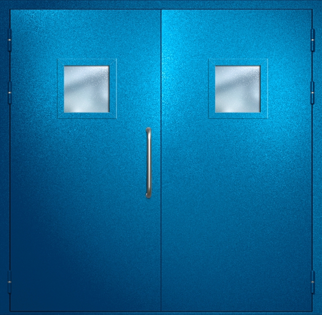 Двупольная техническая дверь с ручкой-скобой и квадратными стеклопакетами, окрас по RAL 5002