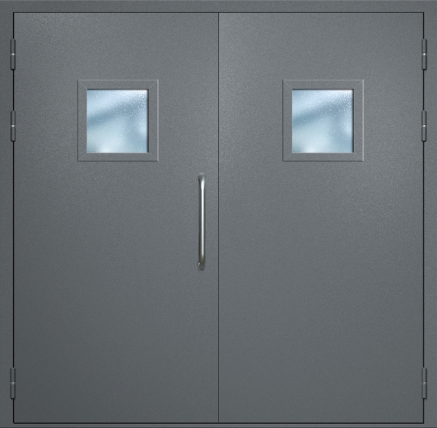 Двупольная техническая дверь с ручкой-скобой и квадратными стеклопакетами, окрас по RAL 7001