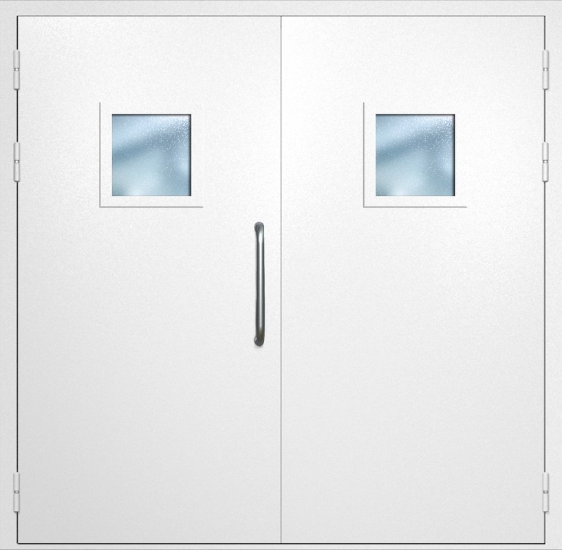 Двупольная техническая дверь с ручкой-скобой и квадратными стеклопакетами, окрас по RAL 9003