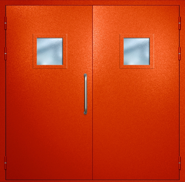 Двупольная техническая дверь с ручкой-скобой и квадратными стеклопакетами, окрас по RAL 3003