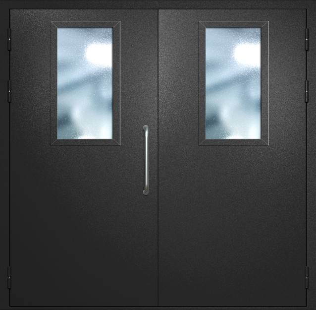 Двупольная техническая дверь с ручкой-скобой и широкими стеклопакетами, окрас по RAL 9004