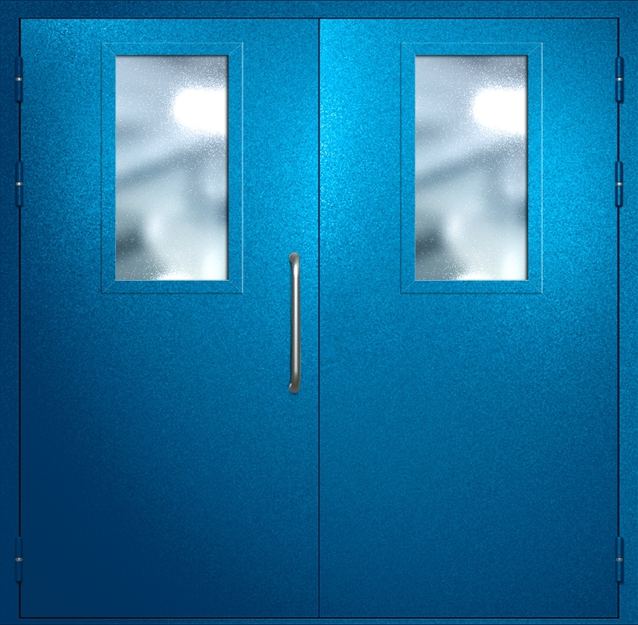 Двупольная техническая дверь с ручкой-скобой и широкими стеклопакетами, окрас по RAL 5002