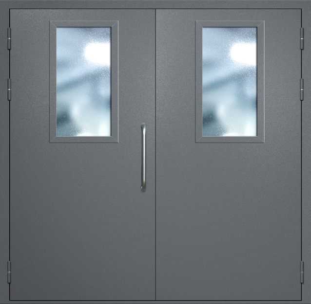 Двупольная техническая дверь с ручкой-скобой и широкими стеклопакетами, окрас по RAL 7001