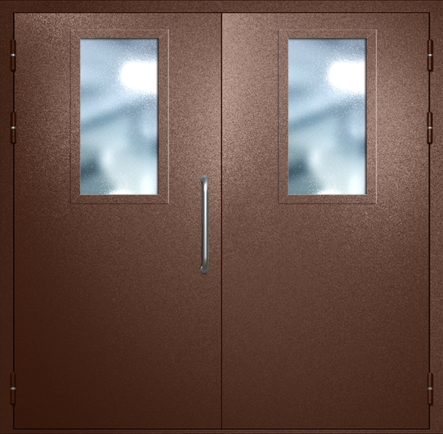 Двупольная техническая дверь с ручкой-скобой и широкими стеклопакетами, окрас по RAL 8016