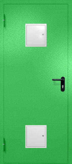 Однопольная противопожарная дверь EI-60 с двумя стыковочными узлами, окрас по RAL 6037 Однопольная противопожарная дверь EI-60 с двумя стыковочными узлами, окрас по RAL 6037