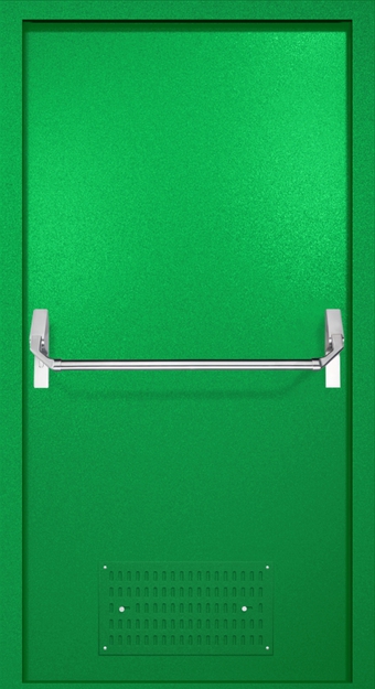 Однопольная противопожарная дверь EI-60 с вентиляцией и ручкой «Антипаника», окрас по RAL 6037 Однопольная противопожарная дверь EI-60 с вентиляцией и ручкой «Антипаника», окрас по RAL 6037