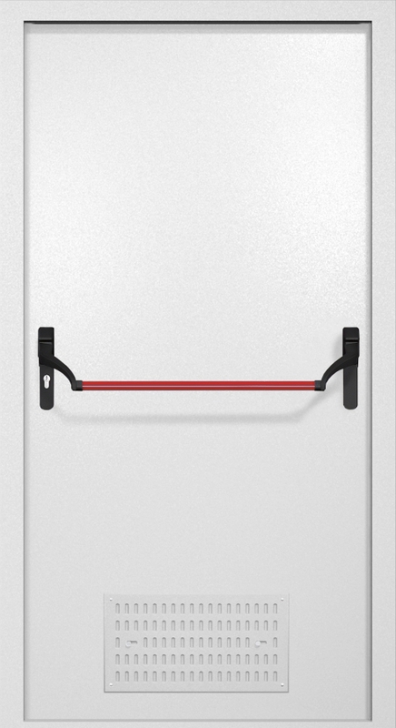 Однопольная противопожарная дверь EI-60 с вентиляцией и ручкой «Антипаника», окрас по RAL 9003 Однопольная противопожарная дверь EI-60 с вентиляцией и ручкой «Антипаника», окрас по RAL 9003