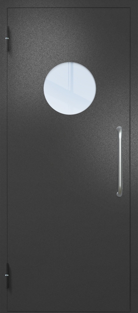 Однопольная техническая дверь с ручкой-скобой и круглым стеклопакетом, окрас по RAL 9004