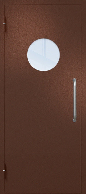 Однопольная техническая дверь с ручкой-скобой и круглым стеклопакетом, окрас по RAL 8016