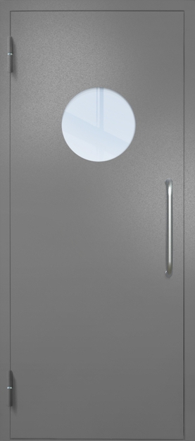 Однопольная техническая дверь с ручкой-скобой и круглым стеклопакетом, окрас по RAL 7001