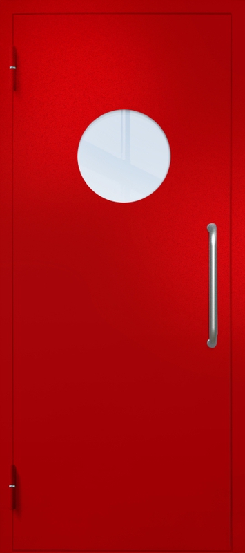 Однопольная техническая дверь с ручкой-скобой и круглым стеклопакетом, окрас по RAL 3003