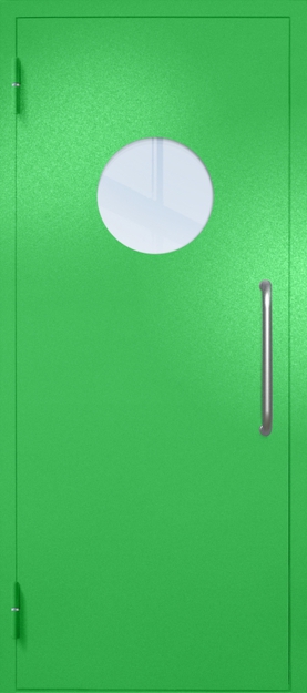 Однопольная техническая дверь с ручкой-скобой и круглым стеклопакетом, окрас по RAL 6037
