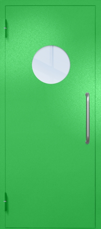 Однопольная техническая дверь с ручкой-скобой и круглым стеклопакетом, окрас по RAL 6037