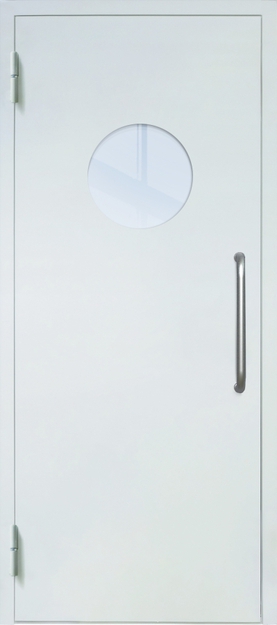 Однопольная техническая дверь с ручкой-скобой и круглым стеклопакетом, окрас по RAL