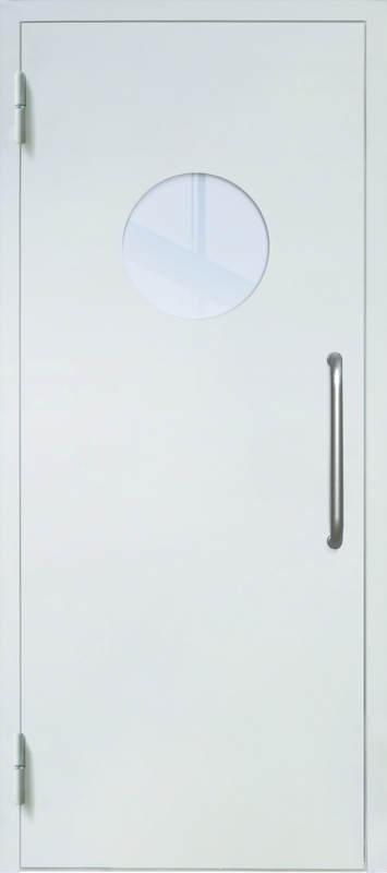 Однопольная техническая дверь с ручкой-скобой и круглым стеклопакетом, окрас по RAL