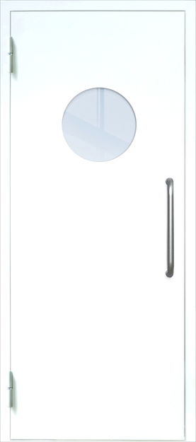Однопольная техническая дверь с ручкой-скобой и круглым стеклопакетом, окрас по RAL 9003