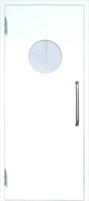 Однопольная техническая дверь с ручкой-скобой и круглым стеклопакетом, окрас по RAL 9003