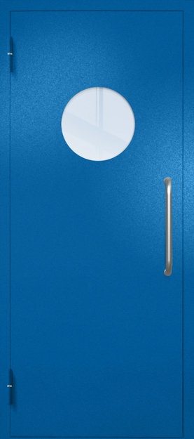 Однопольная техническая дверь с ручкой-скобой и круглым стеклопакетом, окрас по RAL 5002