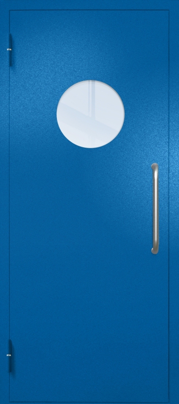 Однопольная техническая дверь с ручкой-скобой и круглым стеклопакетом, окрас по RAL 5002