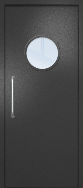 Однопольная техническая дверь с ручкой-скобой и круглым стеклопакетом, окрас по RAL 9004