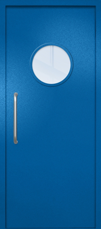 Однопольная техническая дверь с ручкой-скобой и круглым стеклопакетом, окрас по RAL 5002