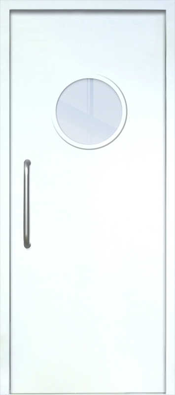 Однопольная техническая дверь с ручкой-скобой и круглым стеклопакетом, окрас по RAL 9003