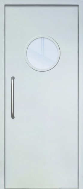 Однопольная техническая дверь с ручкой-скобой и круглым стеклопакетом, окрас по RAL