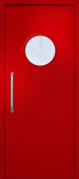Однопольная техническая дверь с ручкой-скобой и круглым стеклопакетом, окрас по RAL 3003