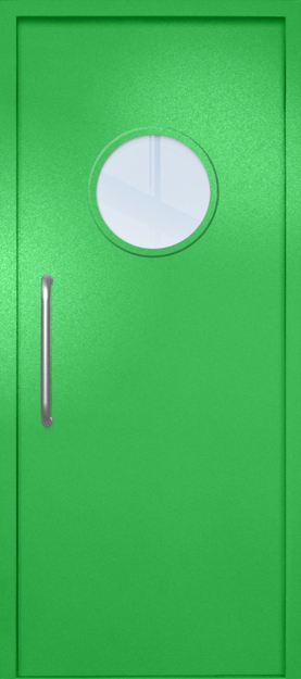 Однопольная техническая дверь с ручкой-скобой и круглым стеклопакетом, окрас по RAL 6037