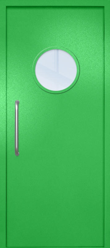 Однопольная техническая дверь с ручкой-скобой и круглым стеклопакетом, окрас по RAL 6037