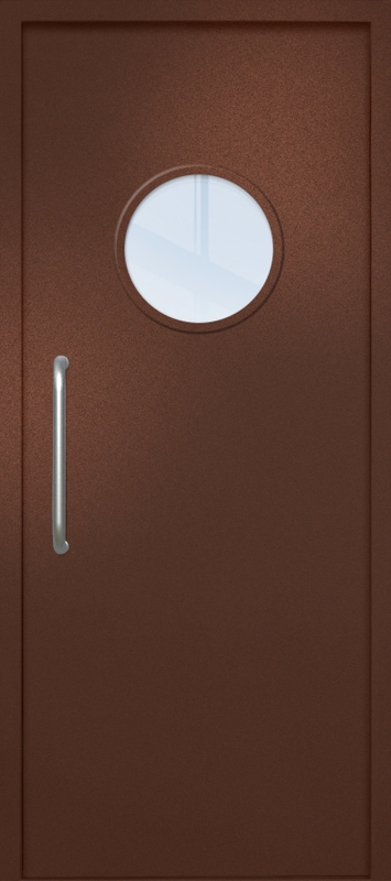 Однопольная техническая дверь с ручкой-скобой и круглым стеклопакетом, окрас по RAL 8016