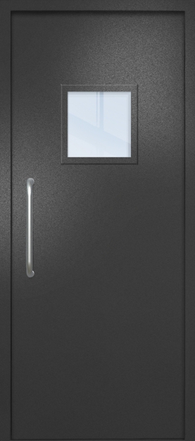 Однопольная техническая дверь с ручкой-скобой и квадратным стеклопакетом, окрас по RAL 9004 Однопольная техническая дверь с ручкой-скобой и квадратным стеклопакетом, окрас по RAL 9004