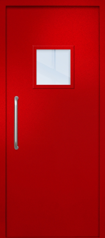 Однопольная техническая дверь с ручкой-скобой и квадратным стеклопакетом, окрас по RAL 3003