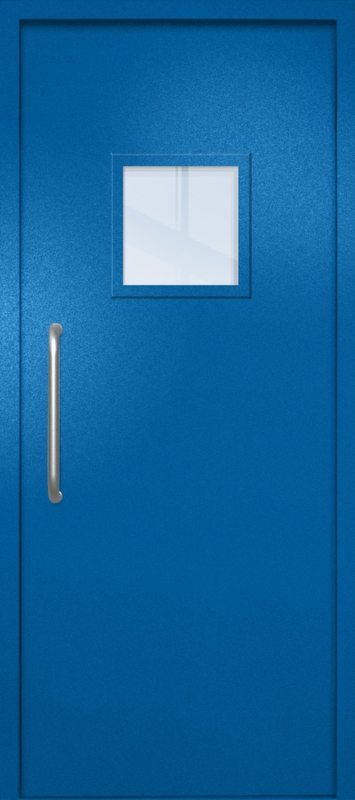 Однопольная техническая дверь с ручкой-скобой и квадратным стеклопакетом, окрас по RAL 5002