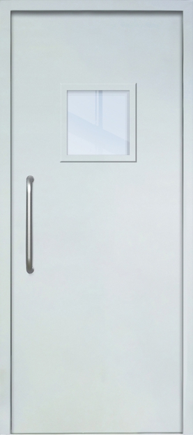 Однопольная техническая дверь с ручкой-скобой и квадратным стеклопакетом, окрас по RAL