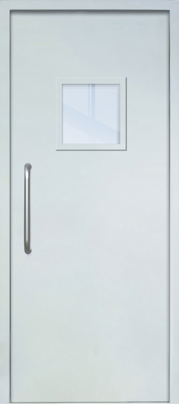 Однопольная техническая дверь с ручкой-скобой и квадратным стеклопакетом, окрас по RAL